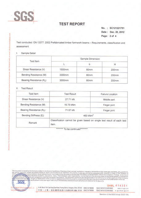 H20 Timber Beam SGS Test Report